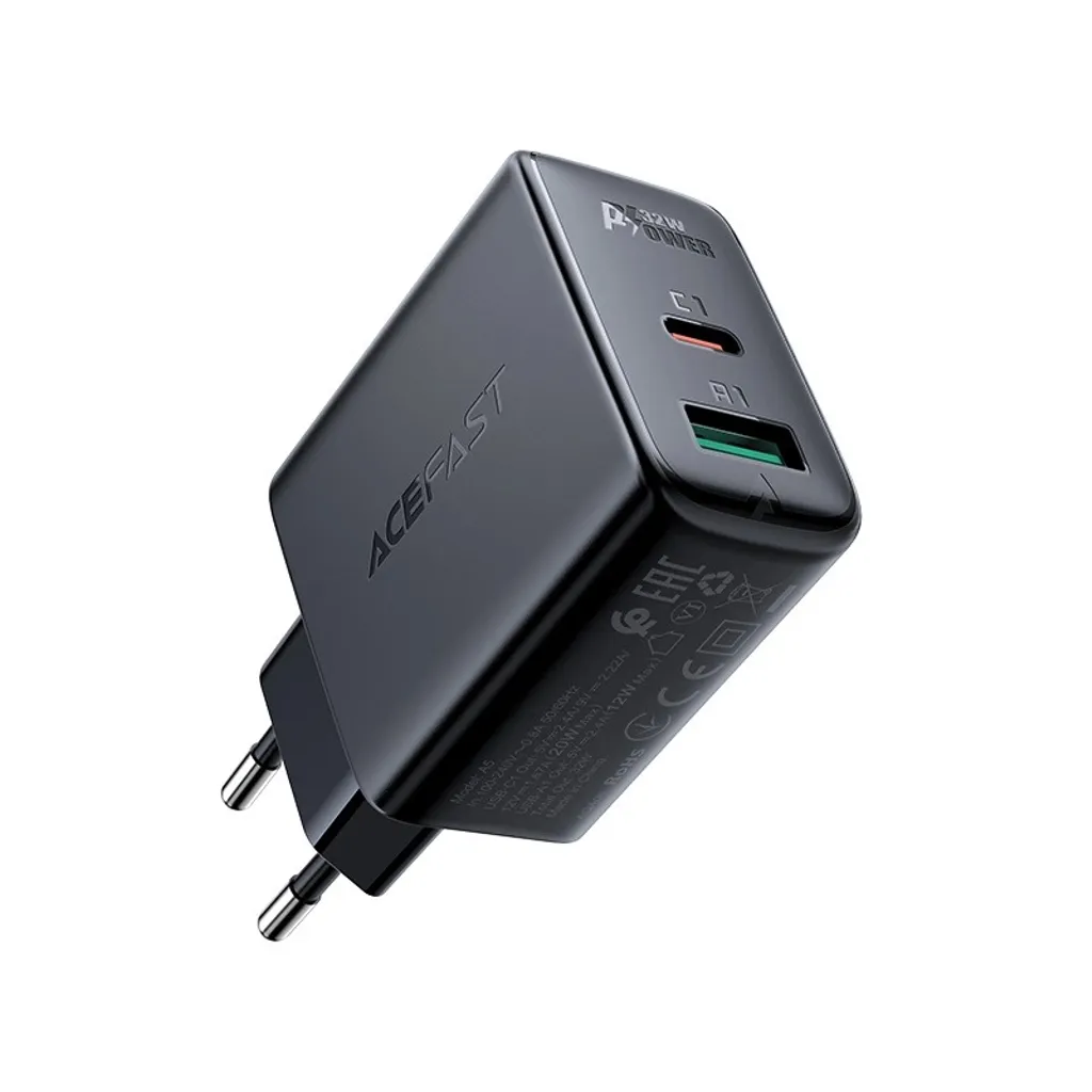 Acefast Vegglader USB-C/ USB-A 32W, PPS, PD, QC 3,0, AFC, FCP – Svart v:4380977 Acefast Vegglader USB-C/ USB-A 32W, PPS, PD, QC 3,0, AFC, FCP – Svart v:4380977