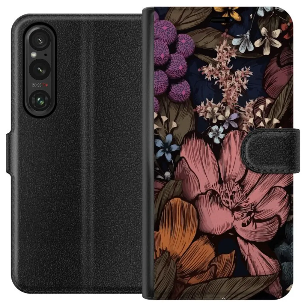 Sony Xperia 1 V Sort Lommebokdeksel Tecknade blommor v:9004188