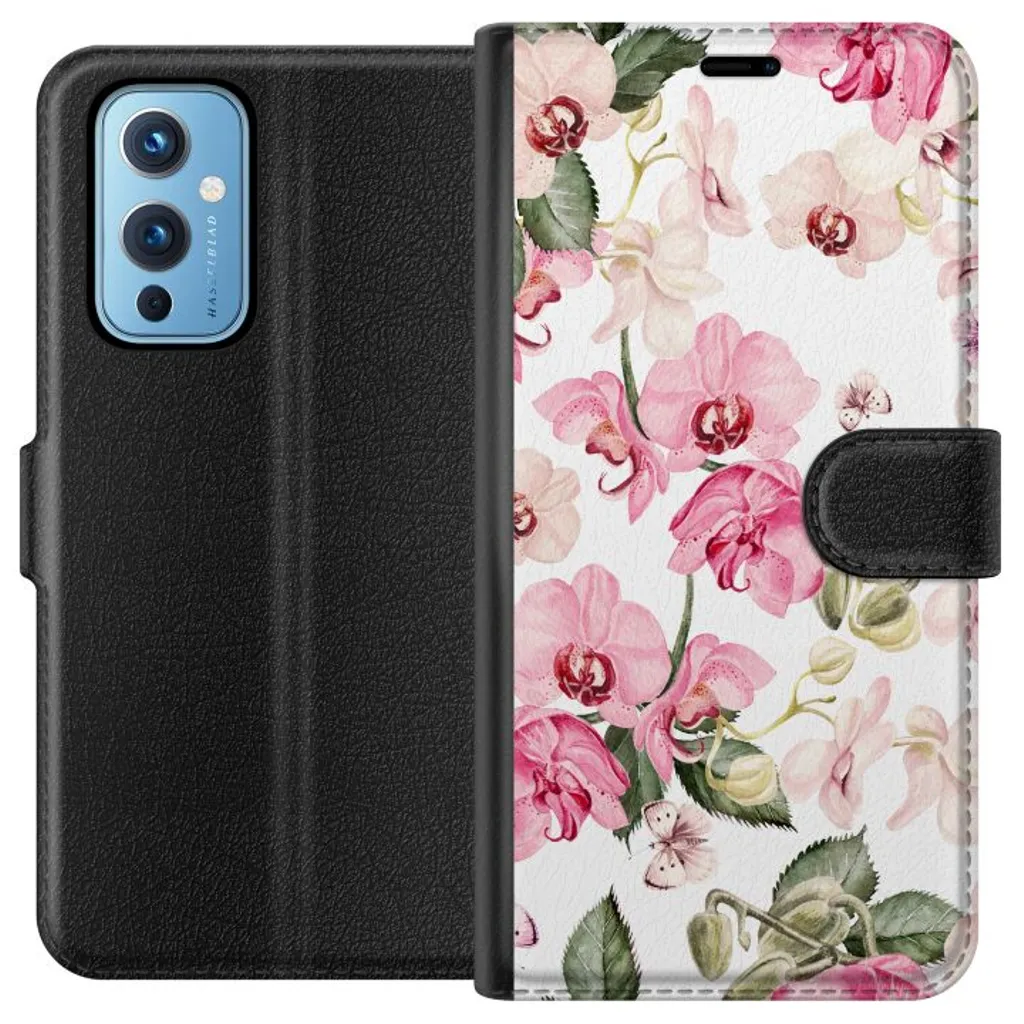 OnePlus 9 Sort Lommebokdeksel Rosa blommor v:9293630