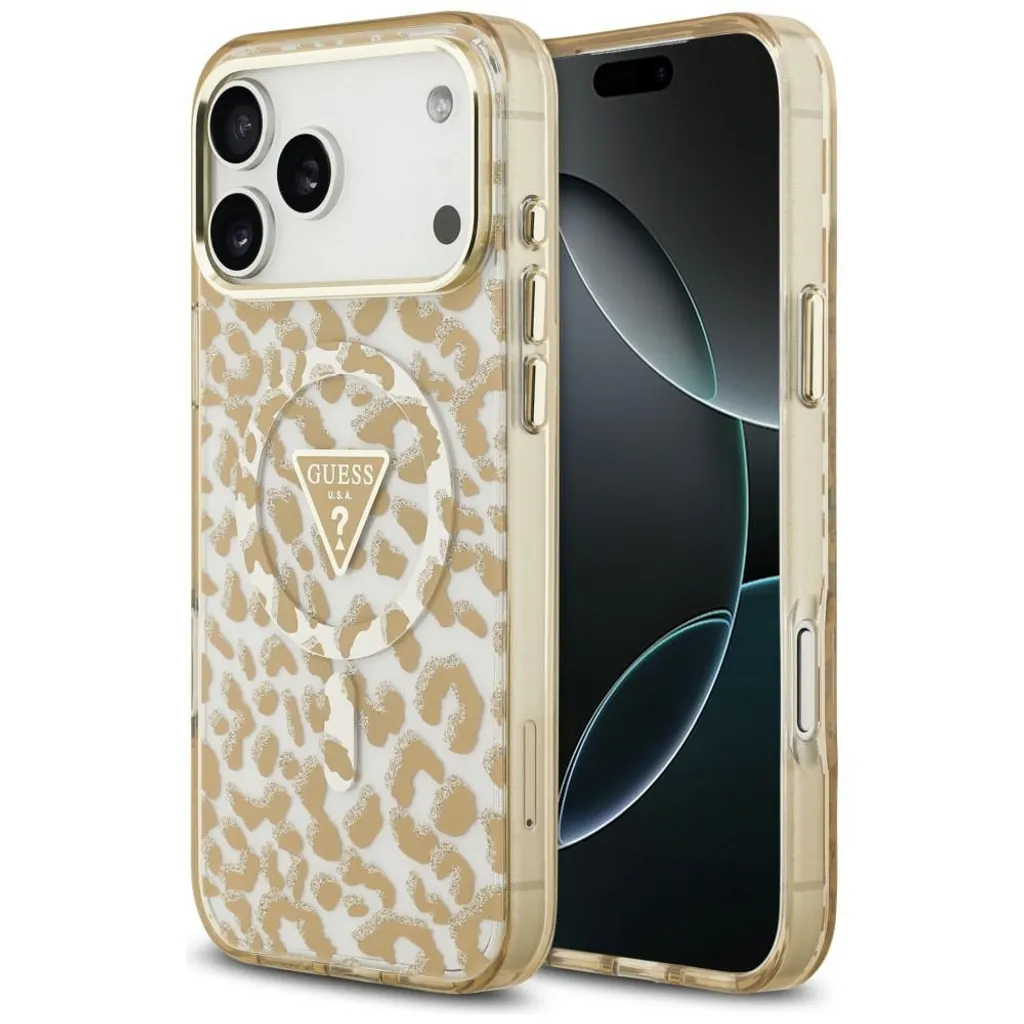 Guess Leopard Glitter Triangle Logo MagSafe Deksel til iPhone 17 Pro Max/18 Pro Max – Brun v:7090111 Guess Leopard Glitter Triangle Logo MagSafe Deksel til iPhone 17 Pro Max/18 Pro Max – Brun v:7090111