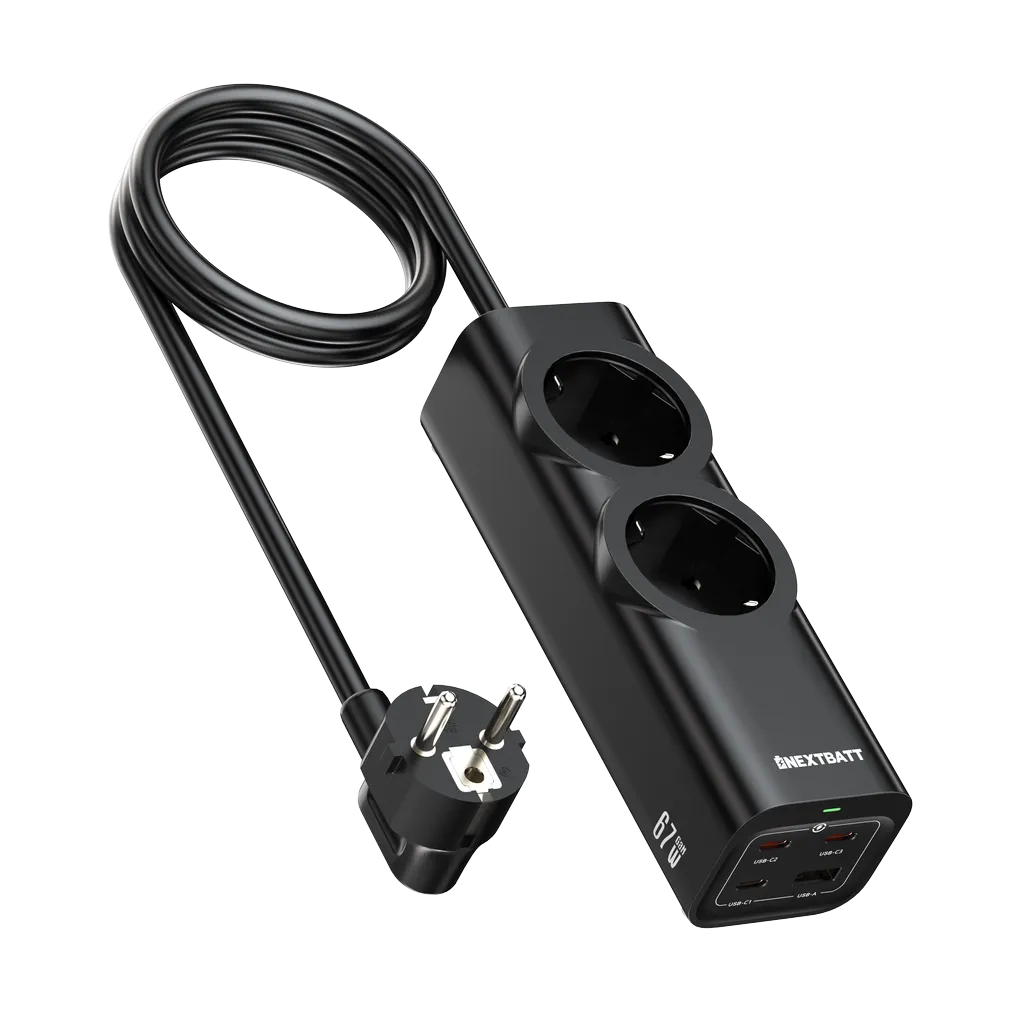 NEXTBATT 67W hurtigladende strømskinne 2-veis/ 3xUSB-C/1x USB-A, 2m – Svart v:7333929