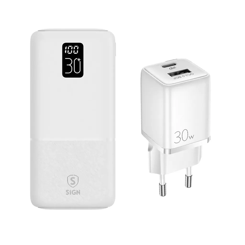 SiGN Powerbank 30000mAh med vegglader 30W – Hvit v:1719022