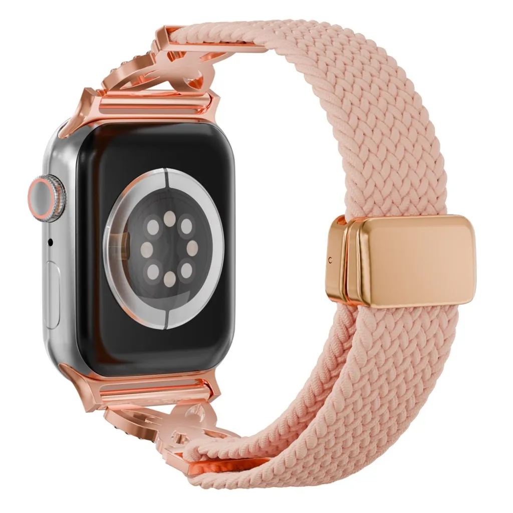 Apple Watch 42/41/40/38mm Flettet nylon klokkerem med rhinstener – Rosa v:7810803 Apple Watch 42/41/40/38mm Flettet nylon klokkerem med rhinstener – Rosa v:7810803
