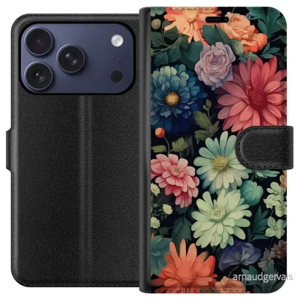 Apple iPhone 18 Pro Sort Lommebokdeksel Färglada blommor v:3132365