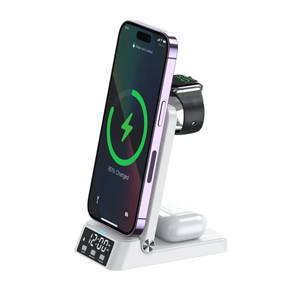 SiGN 3-in-1 Trådløs Ladestativ med Vekkerklokke, 15W – Hvit v:7826761