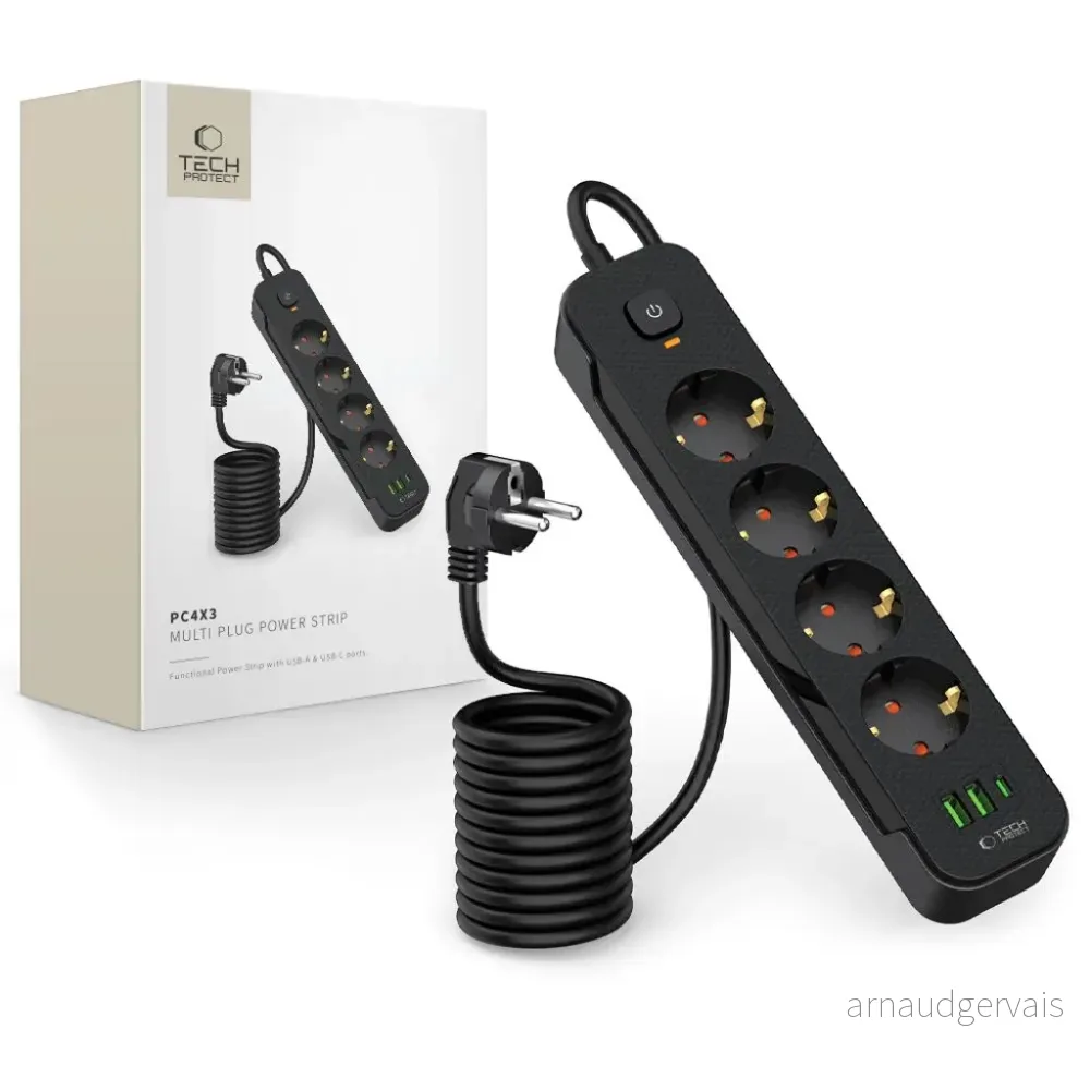 Tech-Protect Power Strip 4 Sockets 240V + 2x USB-A + 1x USB-C – Svart v:1549419