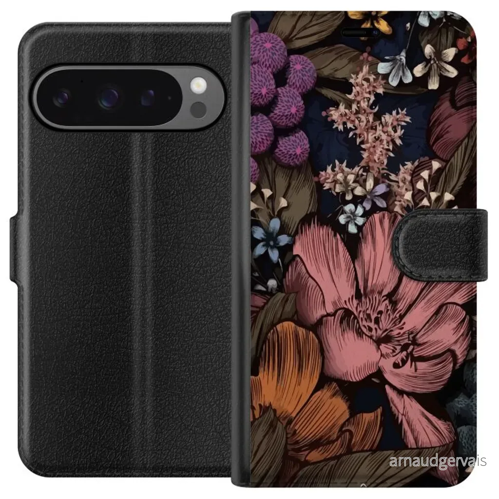 Google Pixel 9 Pro XL Sort Lommebokdeksel Tecknade blommor v:4523458